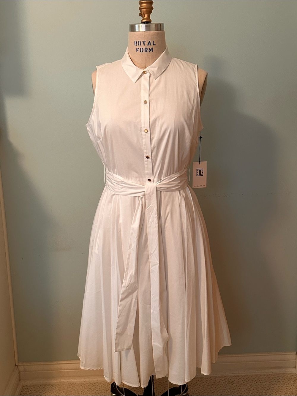 Ivanka Trump Sleeveless White Cotton Shirtdress with Waist Tie NWT
